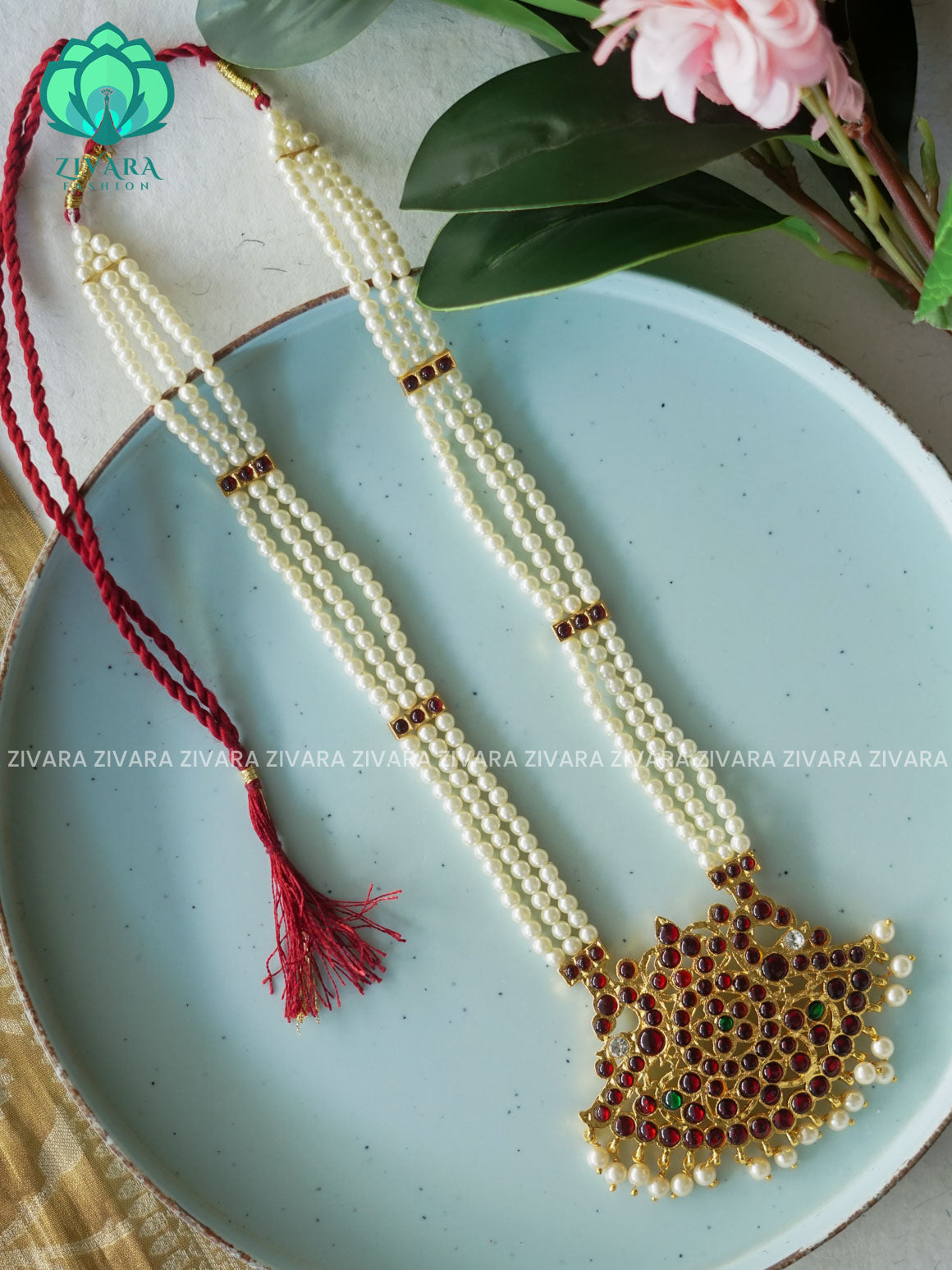 RED AND GREEN- RUKMANI- MOTIF HAARAM HANDMADE LONG NECKWEAR- latest kemp dance jewellery collection