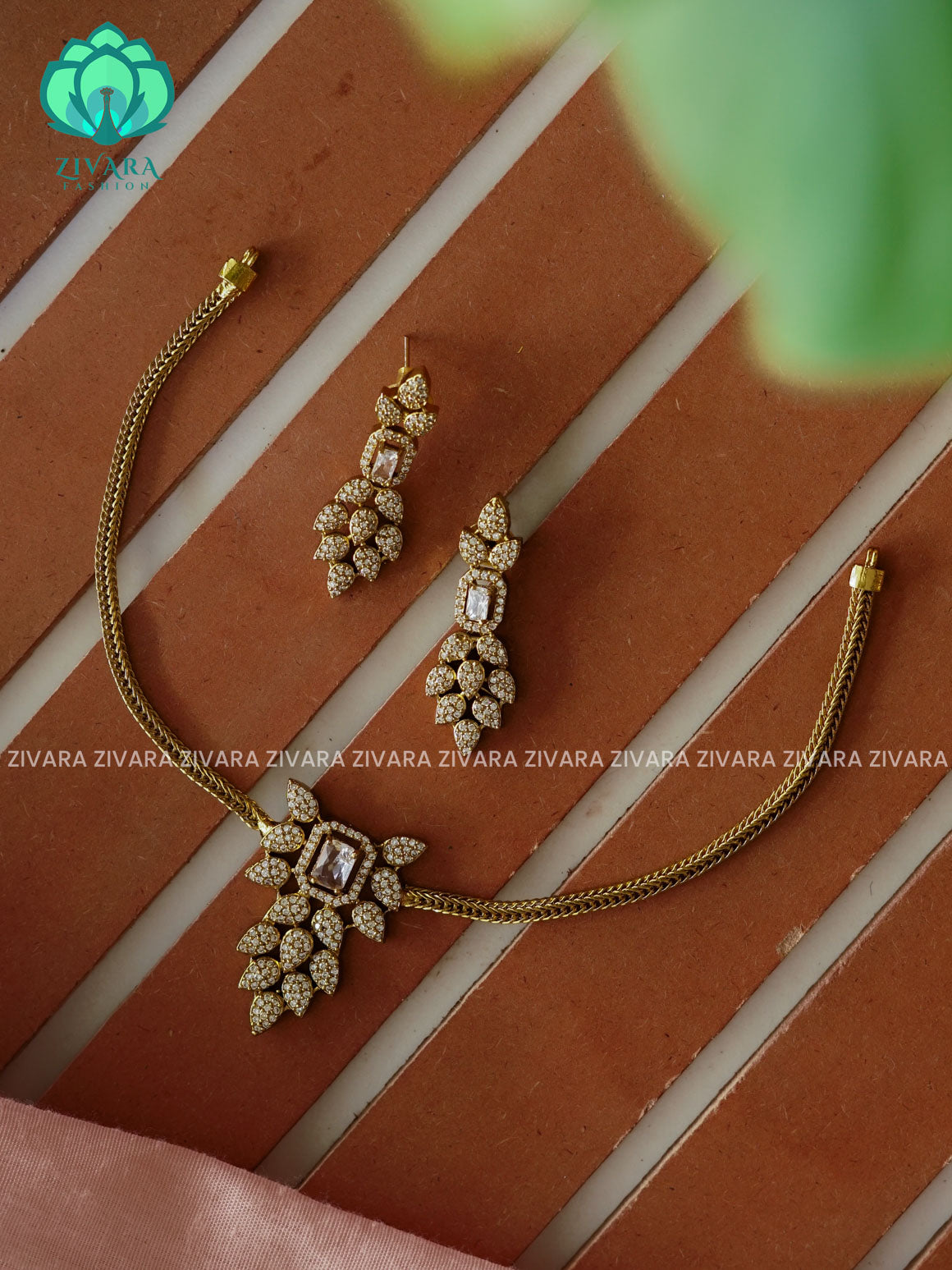 WHITE Flexible chain LEAF pendant -Traditional south indian premium neckwear with earrings- Zivara Fashion- latest jewellery design.