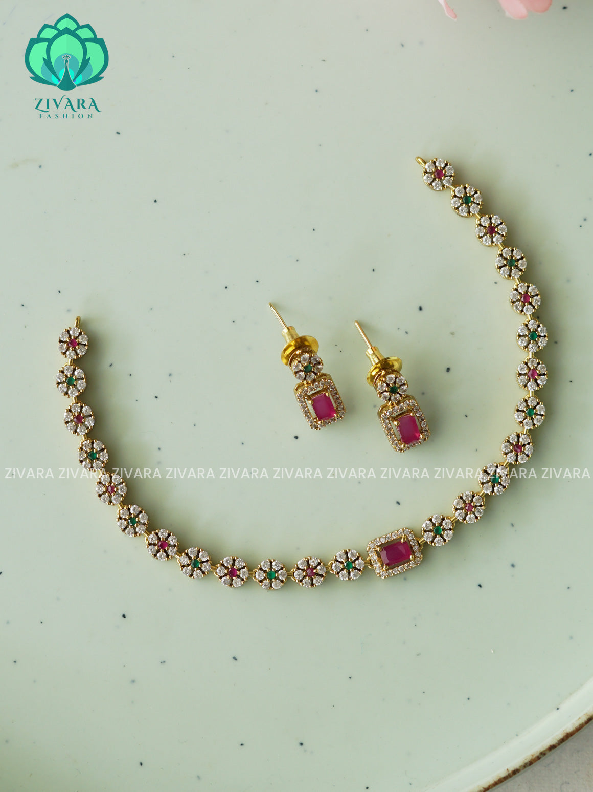 Kanya -RUBY AND GREEN STONE DIAMOND REPLICA - SUBTLE POLISH stylish and minimal elegant neckwear with earrings- Zivara Fashion