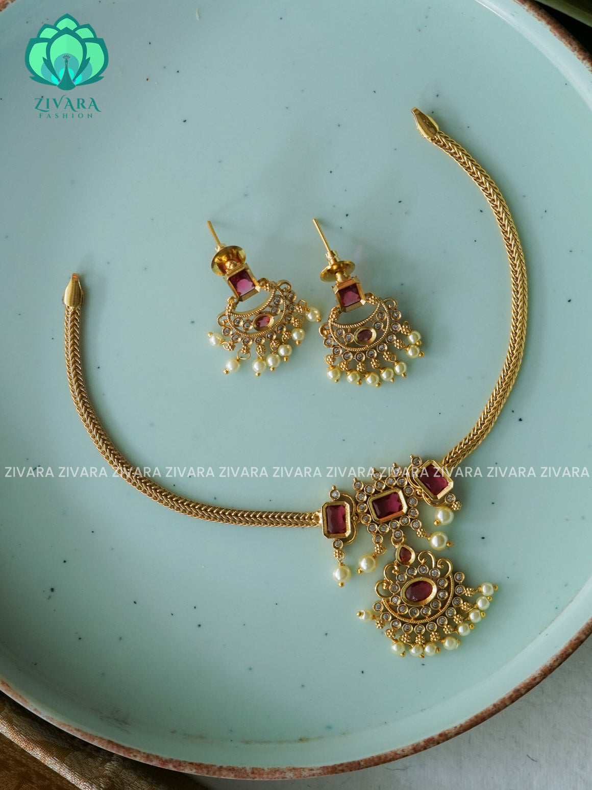 RUBY - SMALL PENDANT Flexible chain and STONE  pendant -Traditional south indian premium neckwear with earrings- Zivara Fashion- latest jewellery design