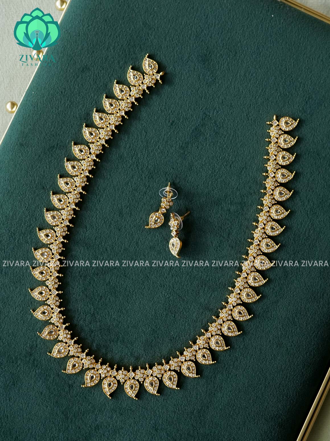 Green manga long Haaram with earrings- CZ Matte Finish- Zivara Fashion