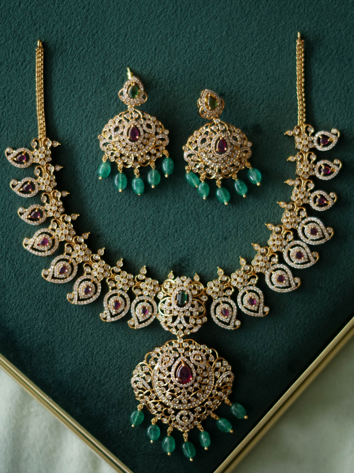 AKSHAYAM - MANGA WITH GREEN BEADS HANGINGS - Traditional south indian premium neckwear with earrings- Zivara Fashion- latest jewellery design