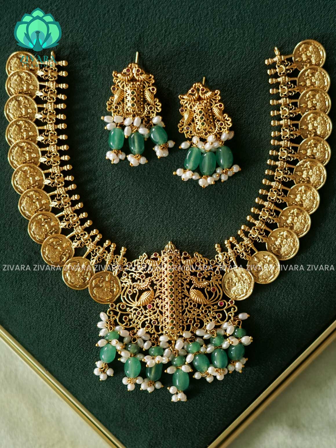TEMPLE COIN WITH GREEN BEADS HANGINGS - Traditional PREMIUM neckwear with earrings- Zivara Fashion