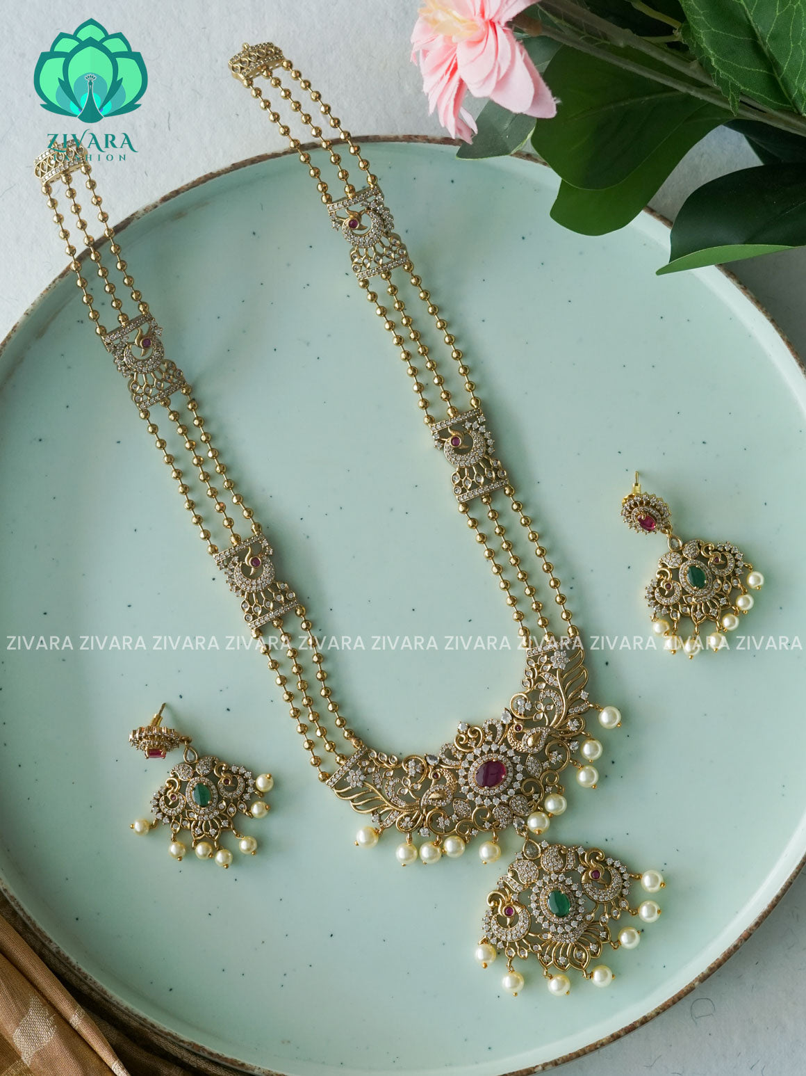 PEACOCK PENDANT BALL CHAIN - Traditional PREMIUM MATTE polish MIDCHEST haaram/neckwear with earrings- Zivara Fashion