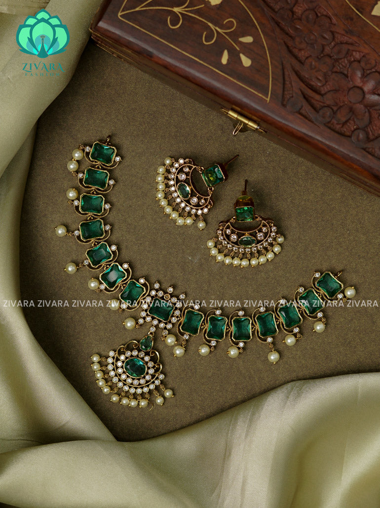 AQUA GREEN   BOX MOTIF  -TRADITIONAL CHOKER COLLECTION WITH EARRINGS- LATEST JEWELLERY COLLECTION