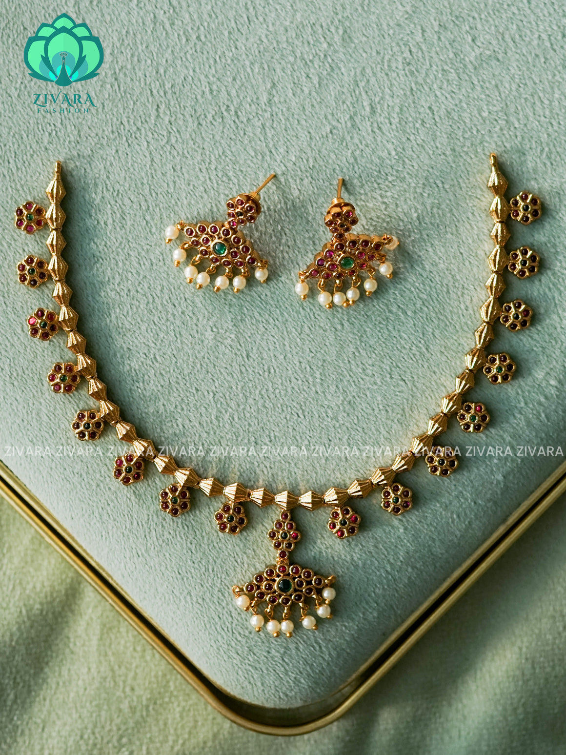 REAL KEMP RUBY GREEN STONE FLOWER NECKWEAR - Traditional south indian premium neckwear - Zivara Fashion- latest jewellery design