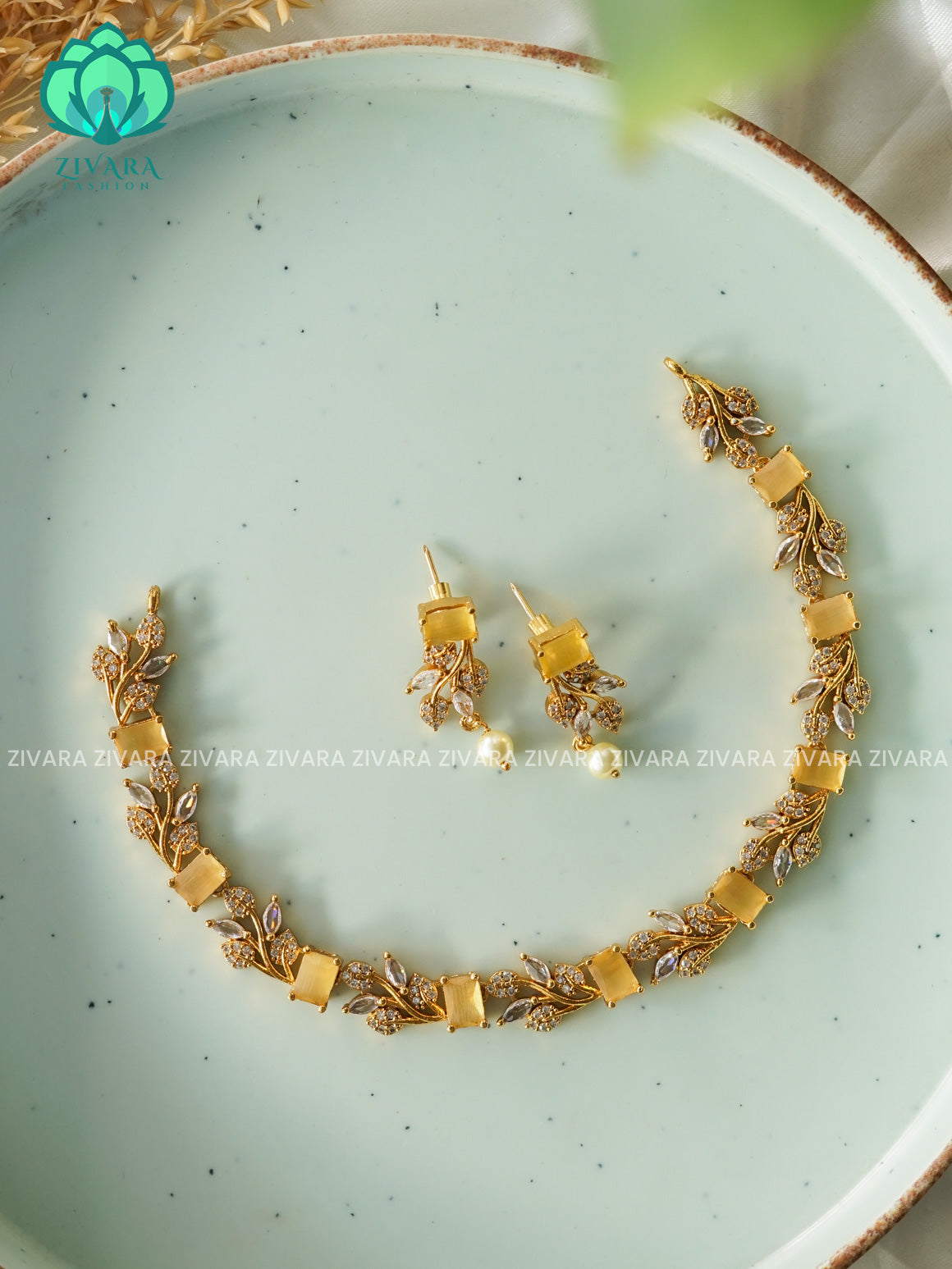 yellow  KIDS FRIENDLY SMALL SIZE LEAF  - stylish and minimal elegant neckwear with earrings- Zivara FashION