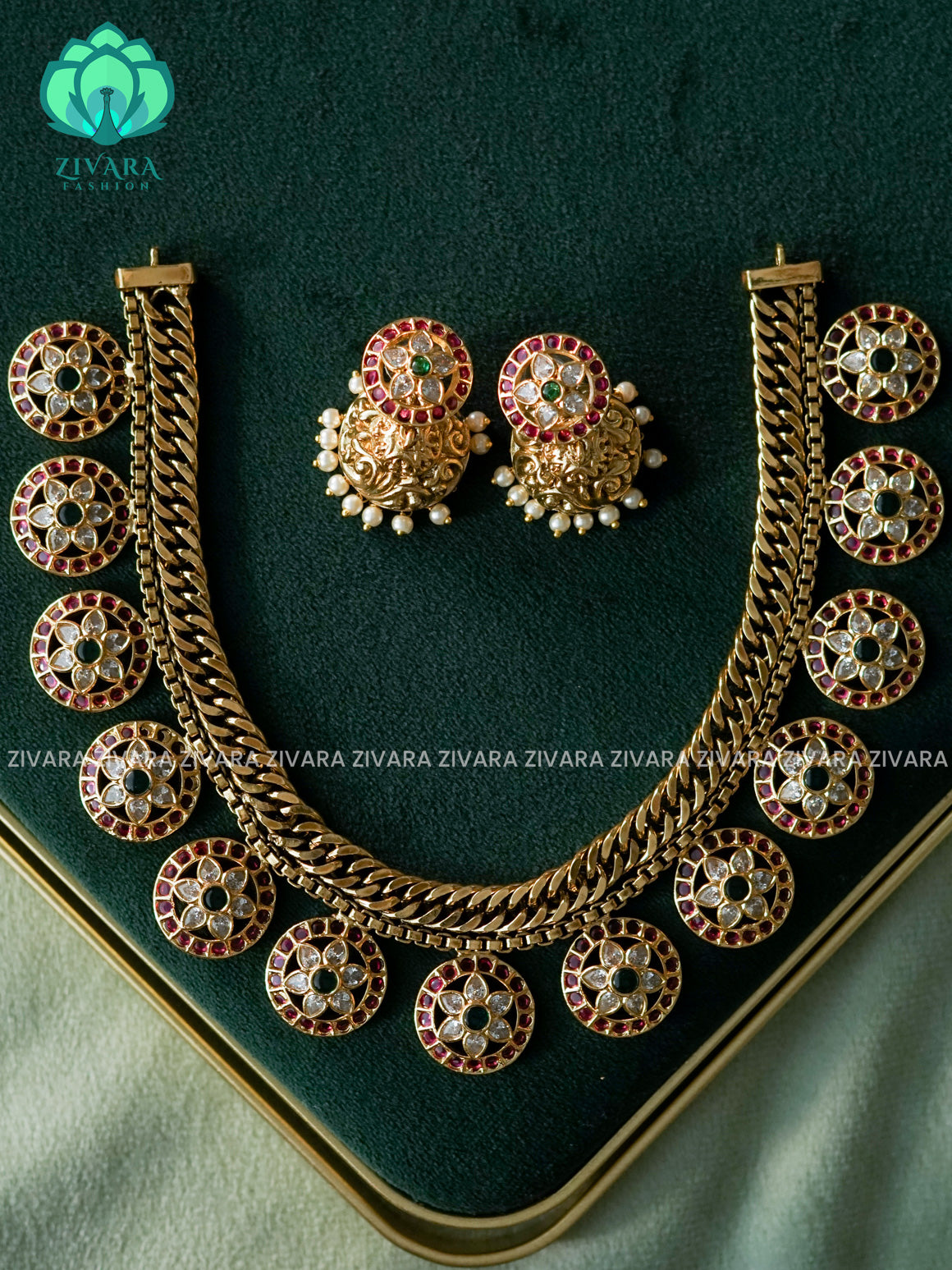 AKSHAYAM - TEMPLE COIN NECKWEAR WITH HANGINGS - bridal temple neckwear -Traditional south indian premium neckwear with earrings- Zivara Fashion- latest jewellery design