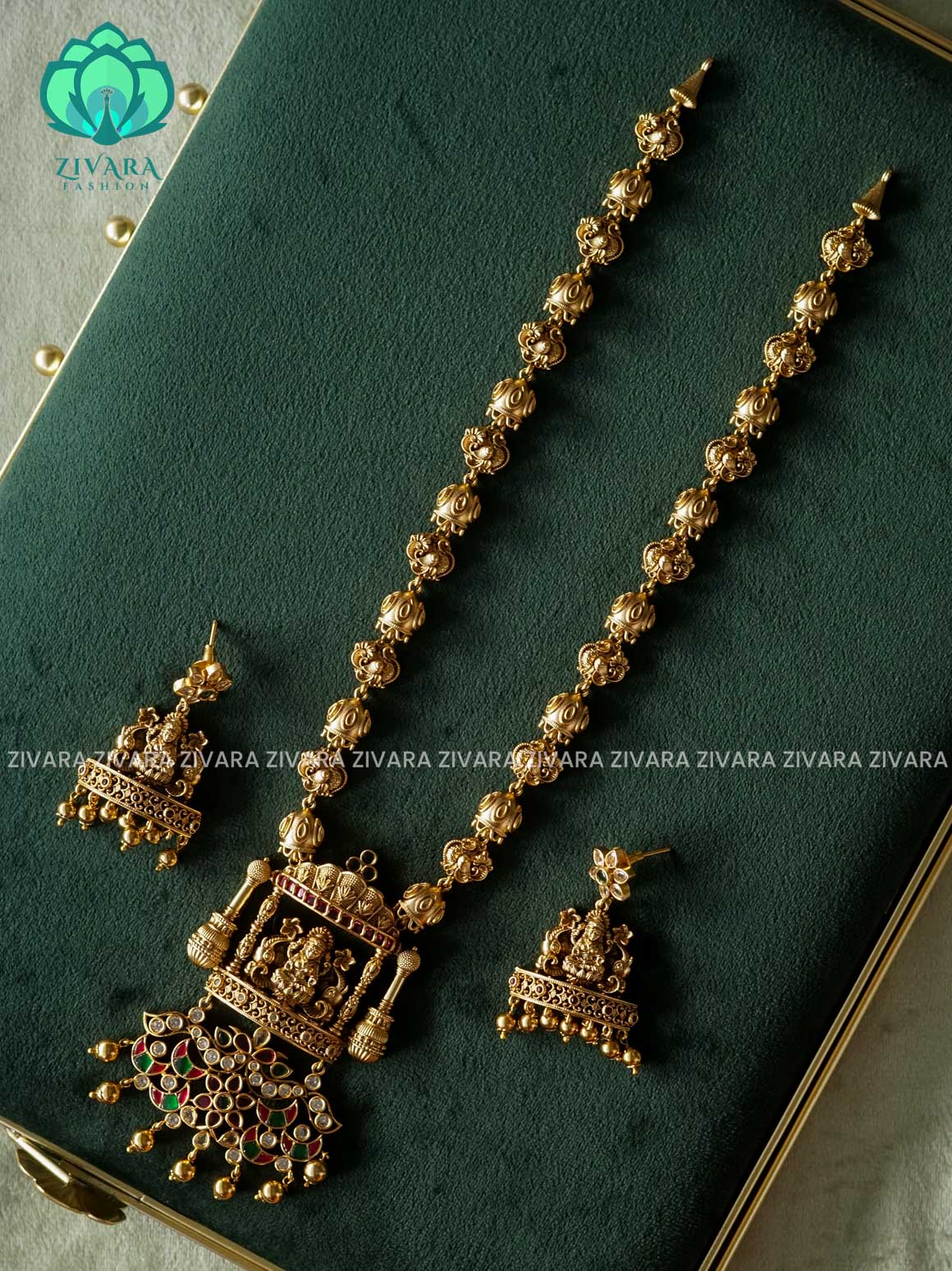 TEMPLE PENDANT JADAU STONE MIDCHEST/HAARAM - Traditional PREMIUM MATTE polish MIDCHEST haaram/neckwear with earrings- Zivara Fashion