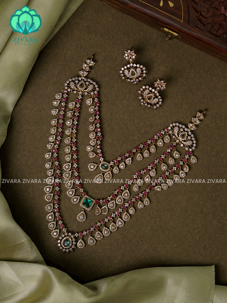 RUBY GREEN WHITE ELEGANT STEP - Traditional PREMIUM MATTE polish MIDCHEST haaram/neckwear with earrings- Zivara Fashion