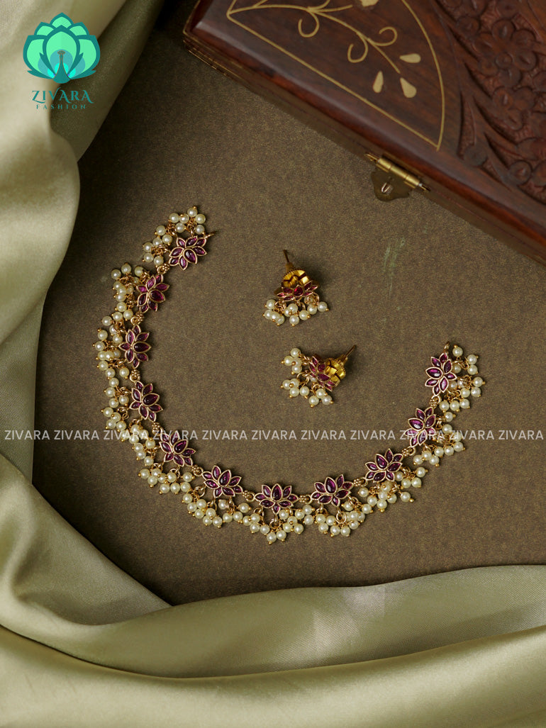 LOTUS REAL KEMP Traditional south indian premium neckwear with earrings- Zivara Fashion- latest jewellery design