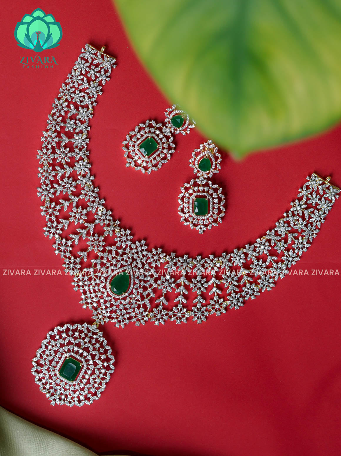 Green  -HEAVY AD bridal pendant -Traditional south indian premium neckwear with earrings - Zivara Fashion- latest jewellery design.