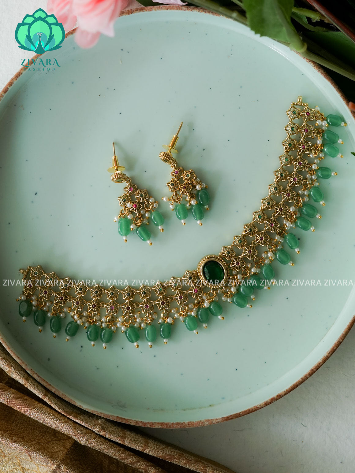 PEARL  ruby and green choker with earrings-Swarna- latest pocket friendly south indian jewellery collection