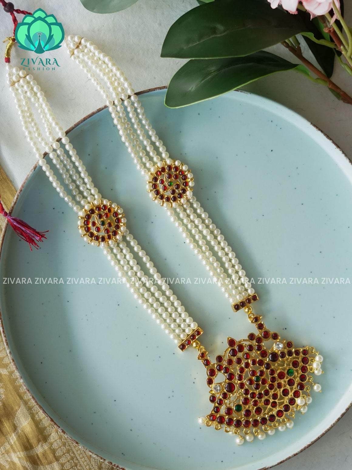 RED AND GREEN- RUKMANI- MOTIF HAARAM HANDMADE LONG NECKWEAR- latest kemp dance jewellery collection