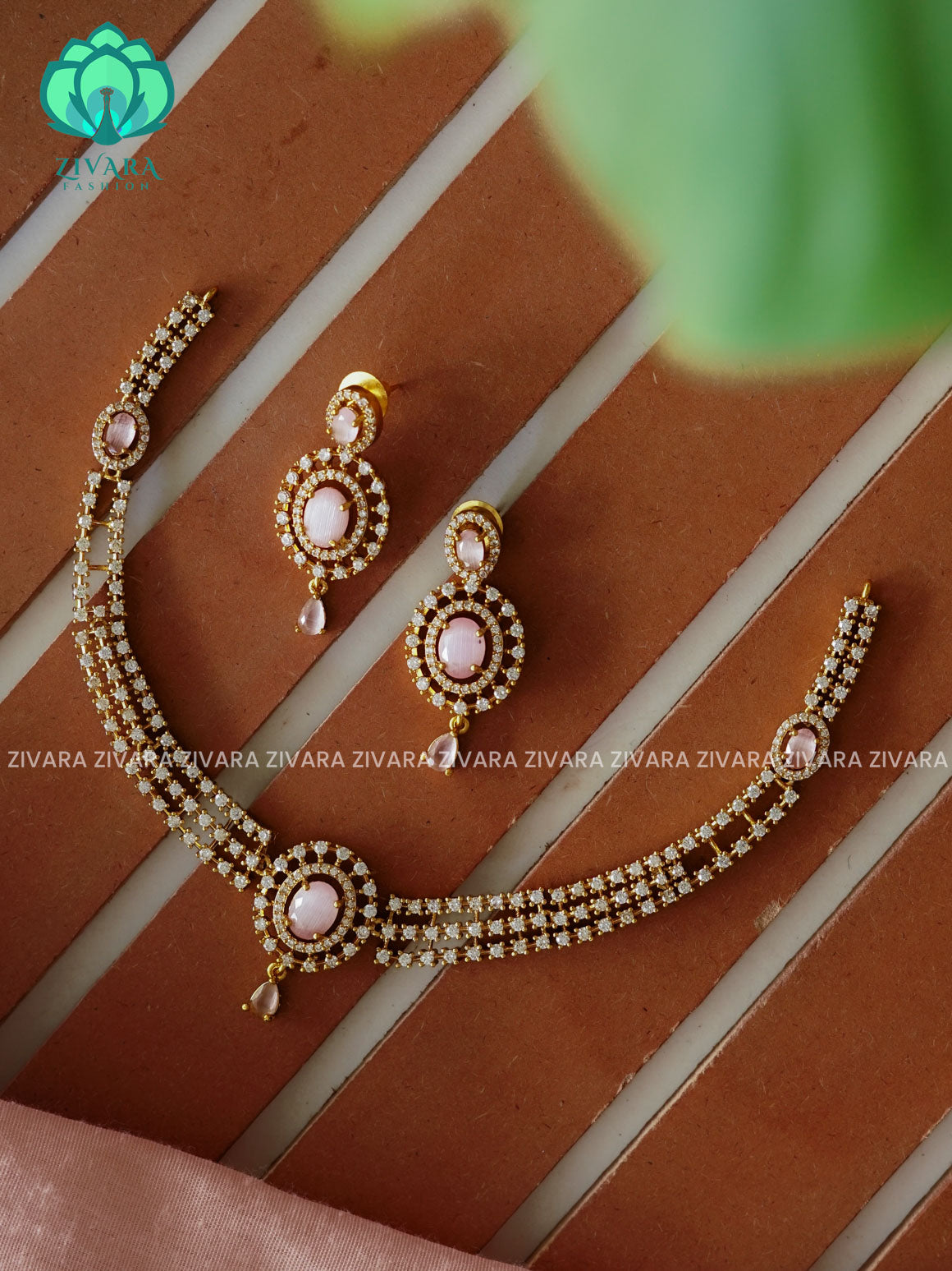 PASTEL PINK  - OVAL STONE ELEGANT  -PREMIUM SUBTLE GOLD FINISH  stylish and minimal elegant neckwear with earrings- Zivara Fashion