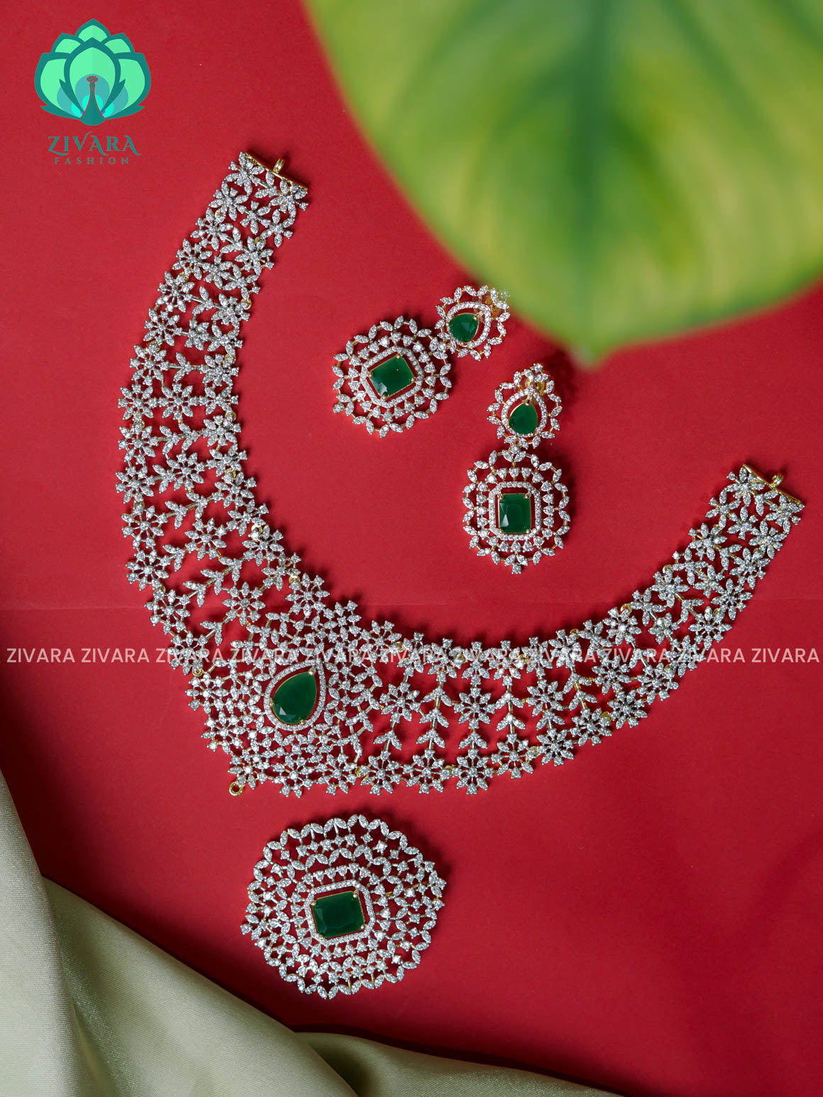 Green  -HEAVY AD bridal pendant -Traditional south indian premium neckwear with earrings - Zivara Fashion- latest jewellery design.