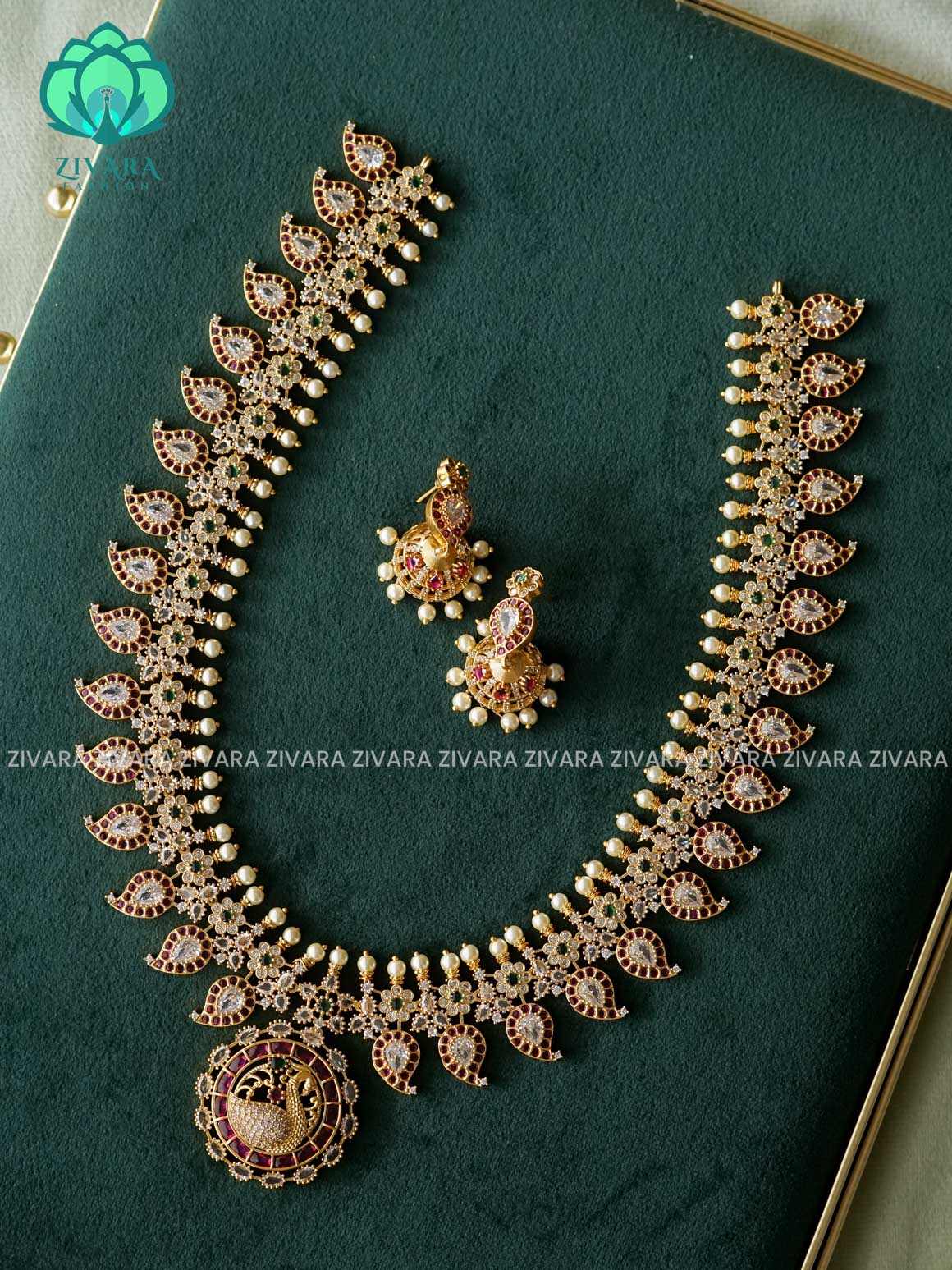 RUBY GREEN STONE MANGO WITH PEACOCK MOTIF PENDANT  - Traditional PREMIUM MATTE polish MIDCHEST haaram/neckwear with earrings- Zivara Fashion
