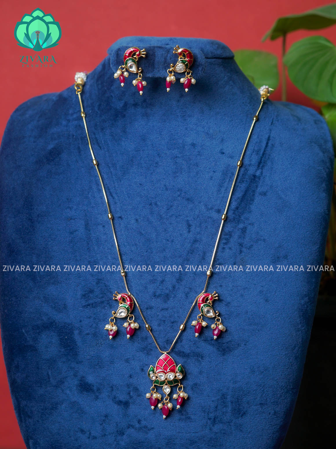 ENAMEL PEACOCK THIN CHAIN  -Traditional south indian premium neckwear with earrings- Zivara Fashion- latest jewellery design.