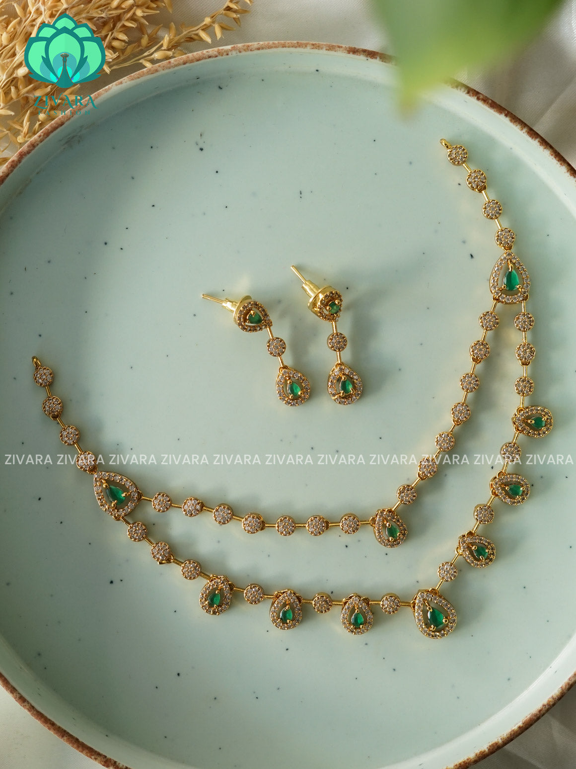 GREEN STEP STONE- stylish and minimal elegant neckwear with earrings- Zivara Fashion