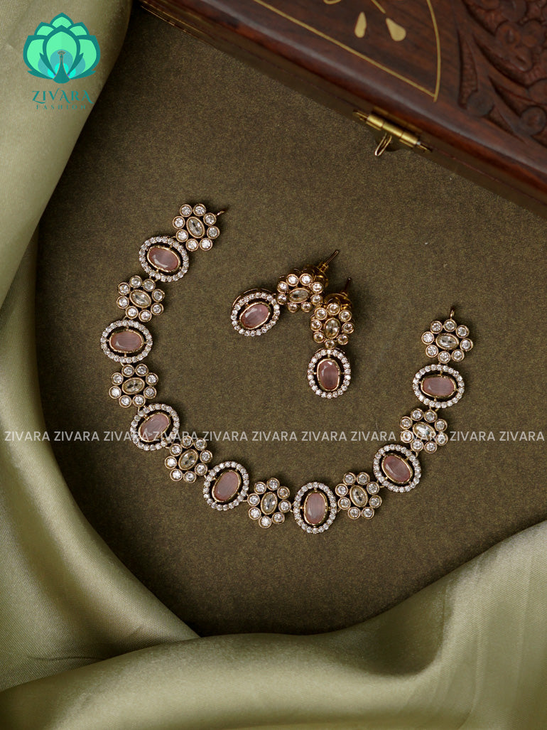 PASTEL PINK OVAL AND FLOWER- Ultra premium GOLD polish trending neckwear collection- bridal collection- Zivara Fashion