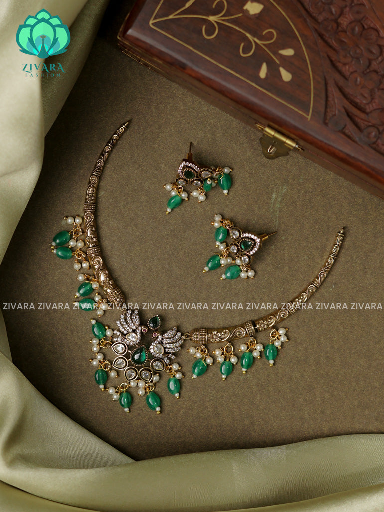 Green - peacock pendant Hasli necklace - Ultra premium victoria finish dark polish trending neckwear collection- bridal collection- Zivara Fashion