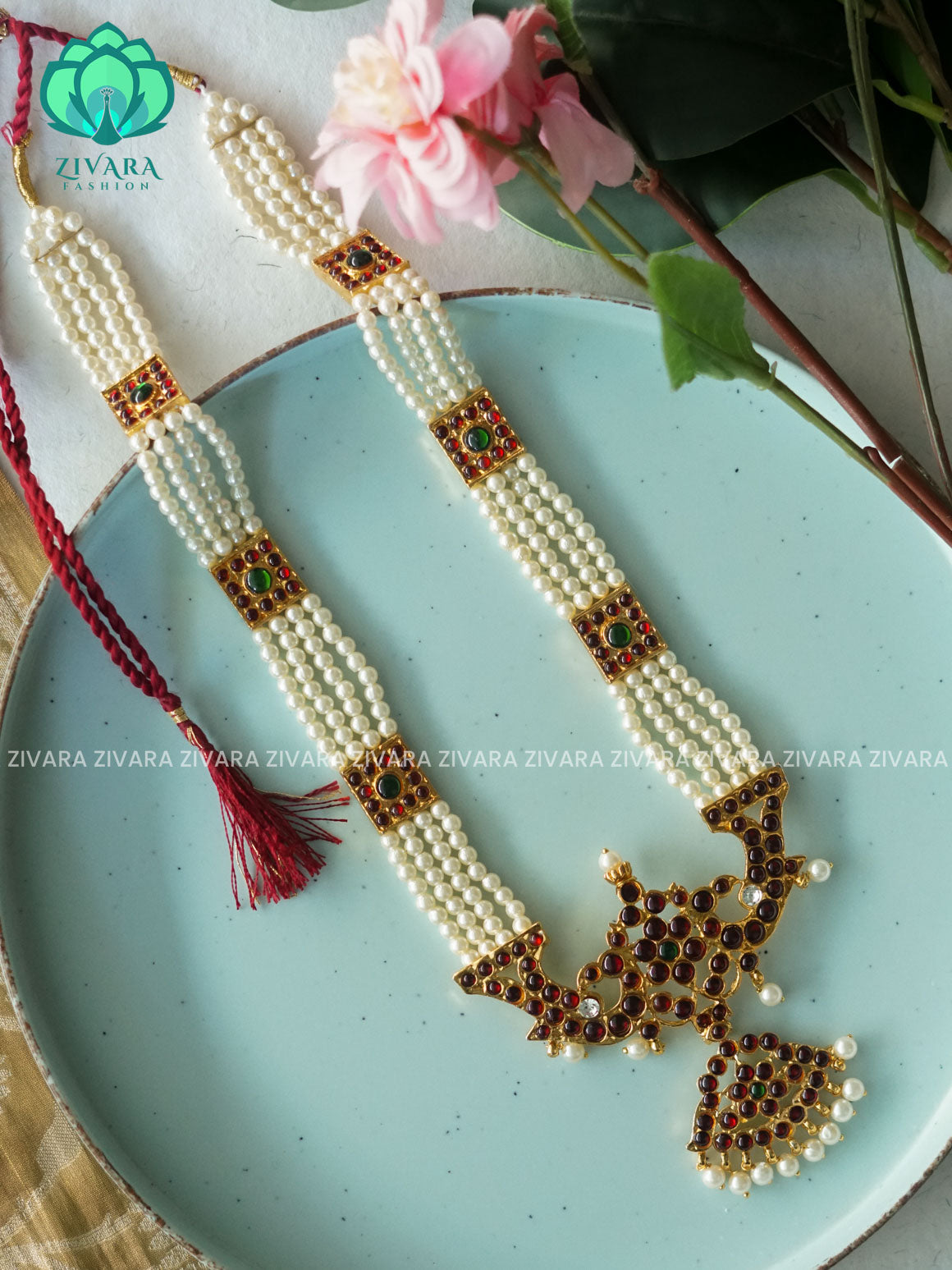 RED AND GREEN- RUKMANI- MOTIF HAARAM HANDMADE LONG NECKWEAR- latest kemp dance jewellery collection