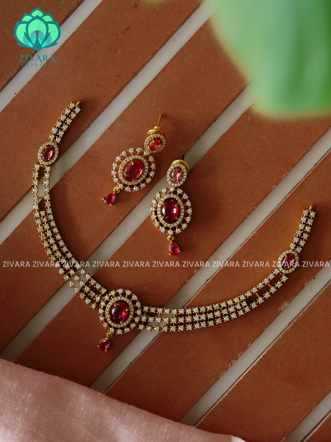 RUBY - OVAL STONE ELEGANT  -PREMIUM SUBTLE GOLD FINISH  stylish and minimal elegant neckwear with earrings- Zivara Fashion
