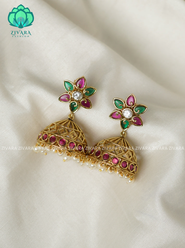 Flower - TRADITIONAL PREMIUM MATTE  polish JHUMKA- latest jewellery collection- zivara fashion