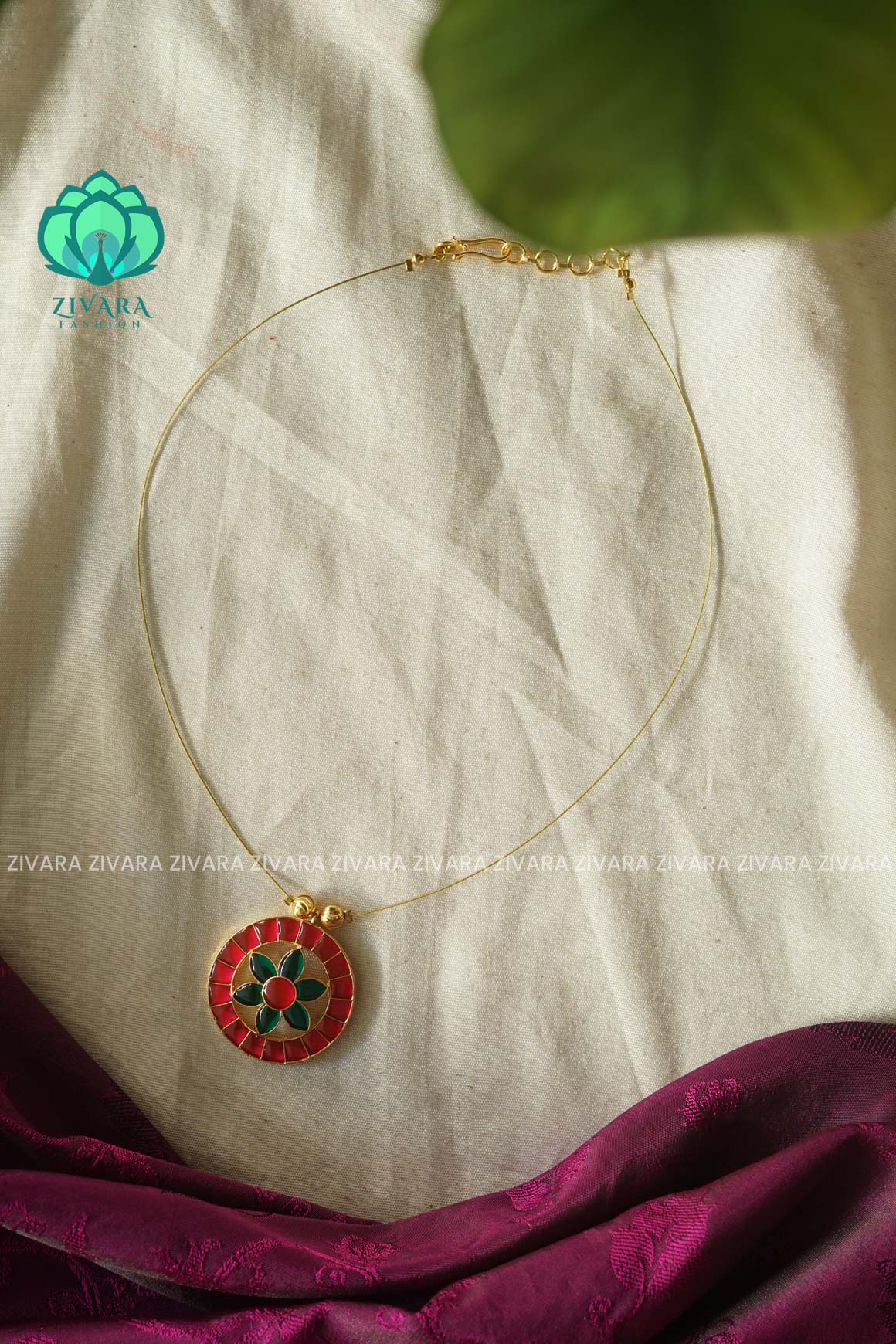 PINK AND GREEN  BIG CIRCLE  TAMARA INVISIBLE MINIMAL ELEGANT HANDMADE NECKLACE WITH BRILLIANT FINISH MOTIFS- ZIVARA FASHION