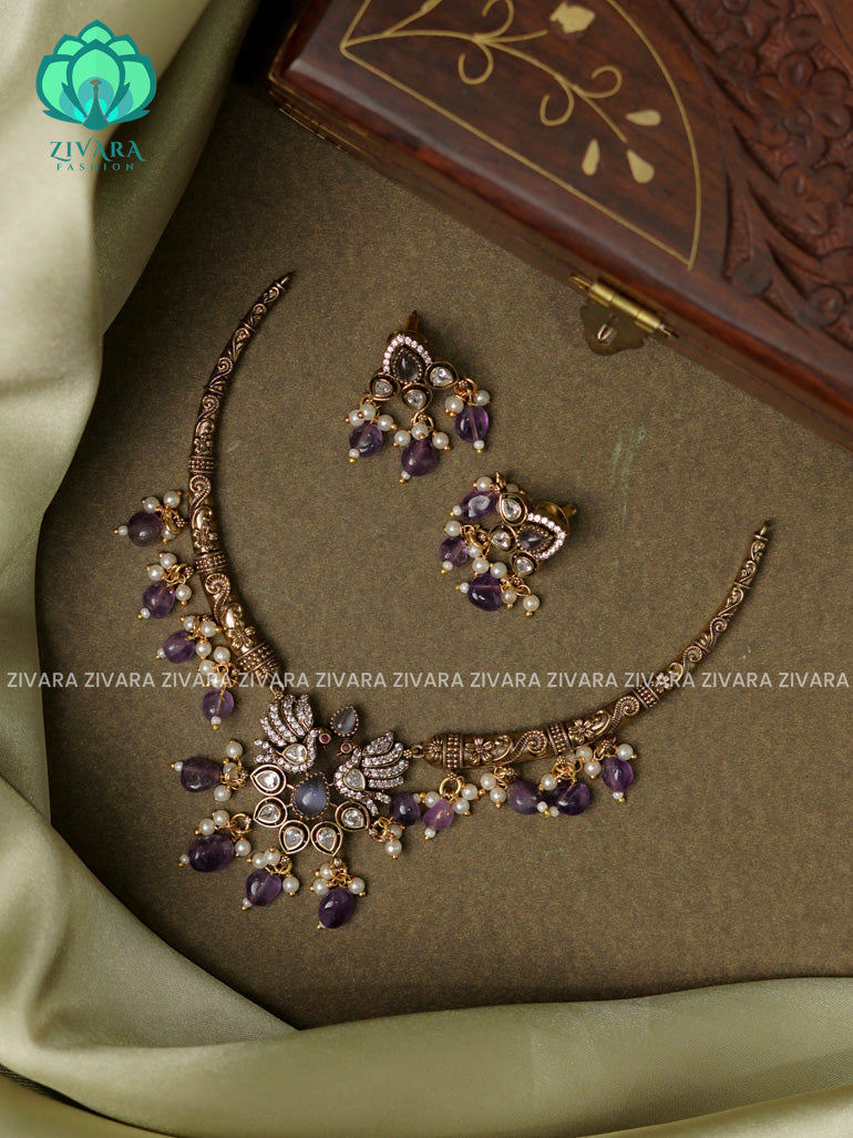 Purple - peacock pendant Hasli necklace - Ultra premium victoria finish dark polish trending neckwear collection- bridal collection- Zivara Fashion