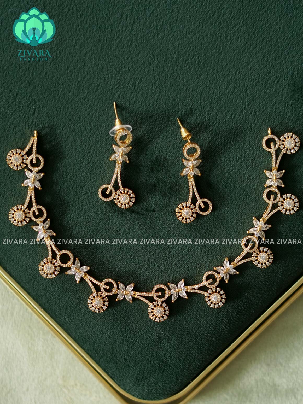 Kanya - WHITE STONE DIAMOND REPLICA HASLI -  stylish and minimal elegant neckwear with earrings- Zivara Fashion