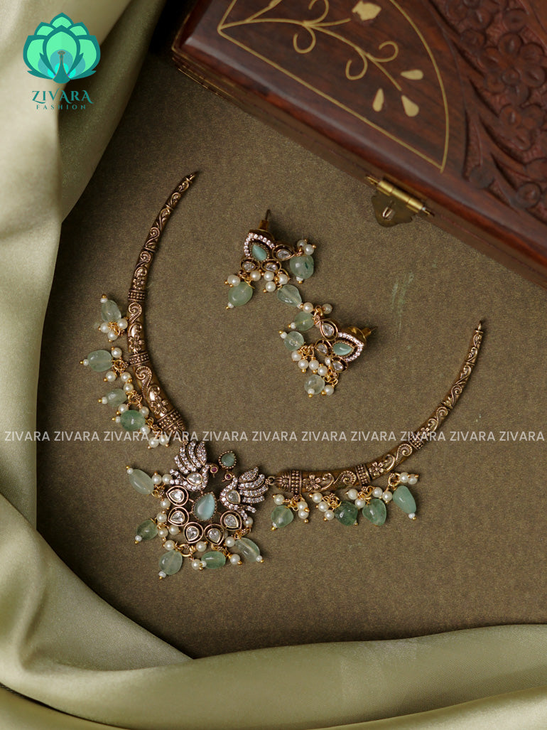 Pastel green - peacock pendant Hasli necklace - Ultra premium victoria finish dark polish trending neckwear collection- bridal collection- Zivara Fashion