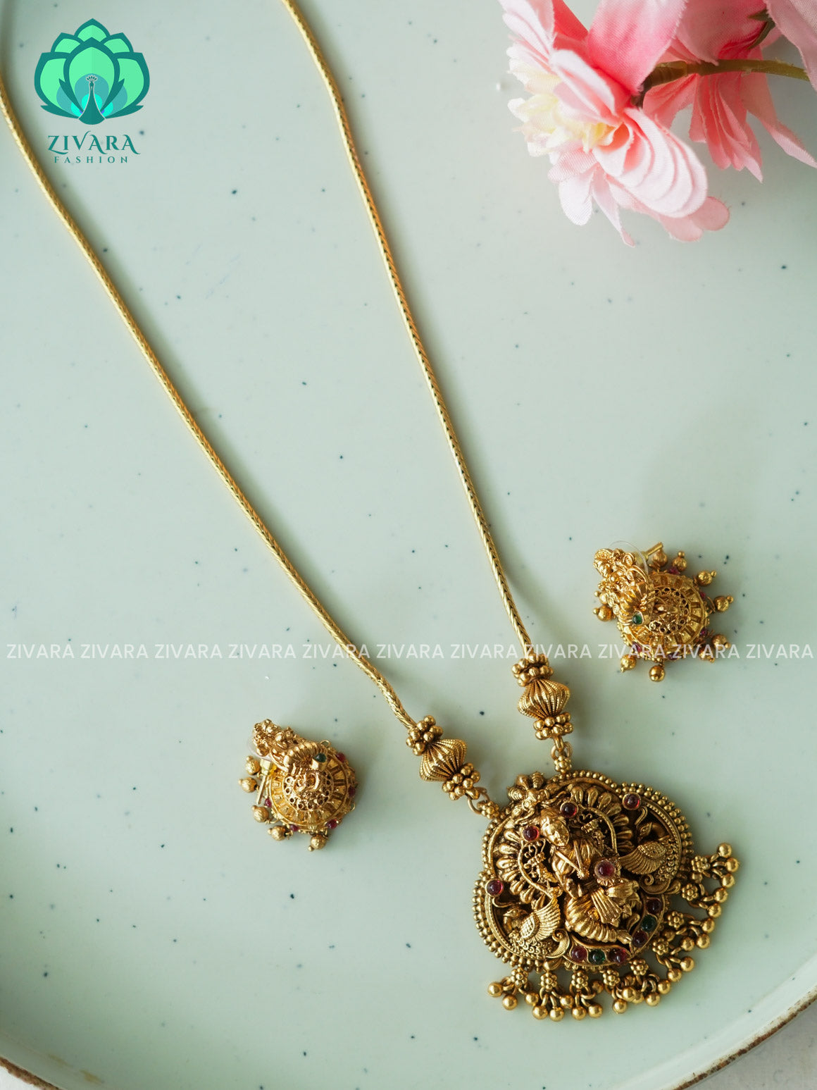 NITHYA TEMPLE NO STONE NORMAL MATTE neckwear with earrings- Zivara Fashion- latest jewellery design