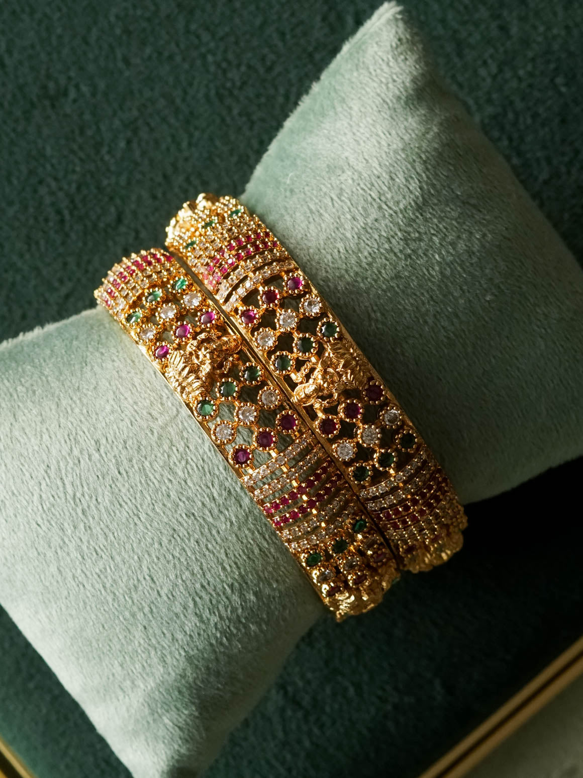 2 PIECE LAKSHMI RUBY GREEN WHITE STONE BANGLES  - Vintage finish - latest bangles design