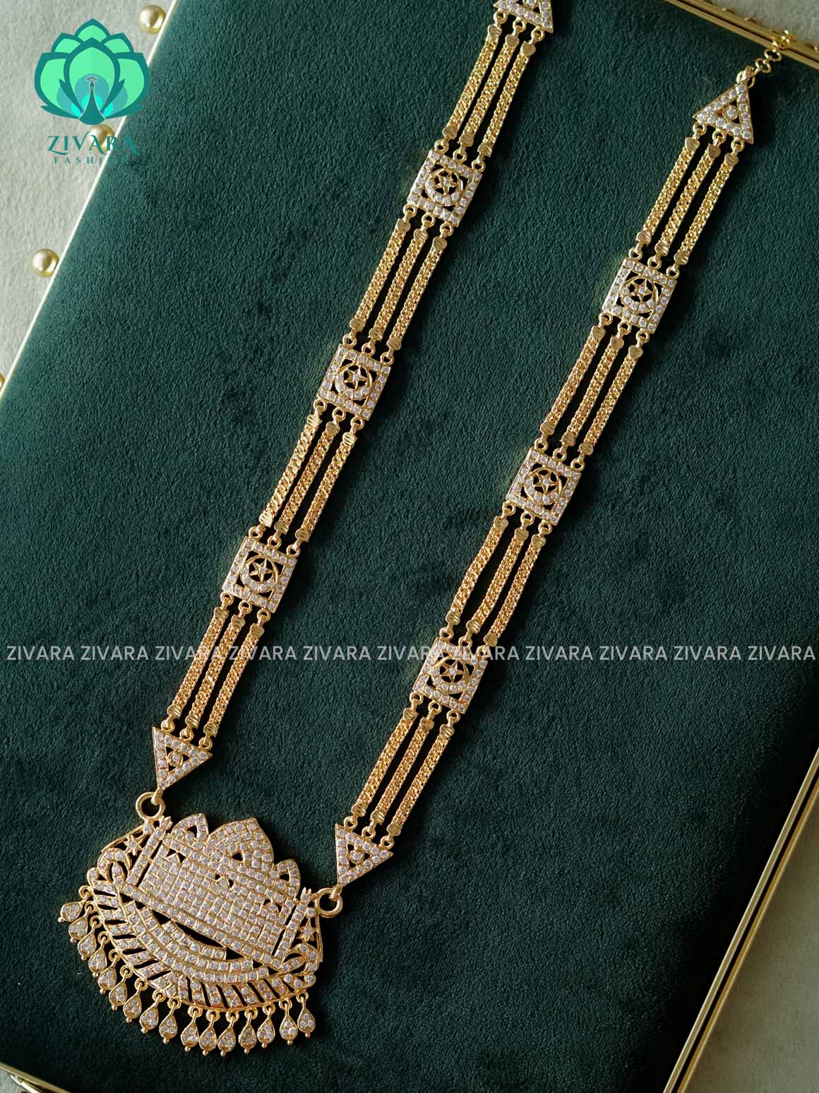 AMBIGAI -  WHITE STONE MOSQUE  MICROGOLD POLISH LONG HAARAM  with premium gold polish -Traditional south indian premium neckwear without earrings- Zivara Fashion- latest jewellery design
