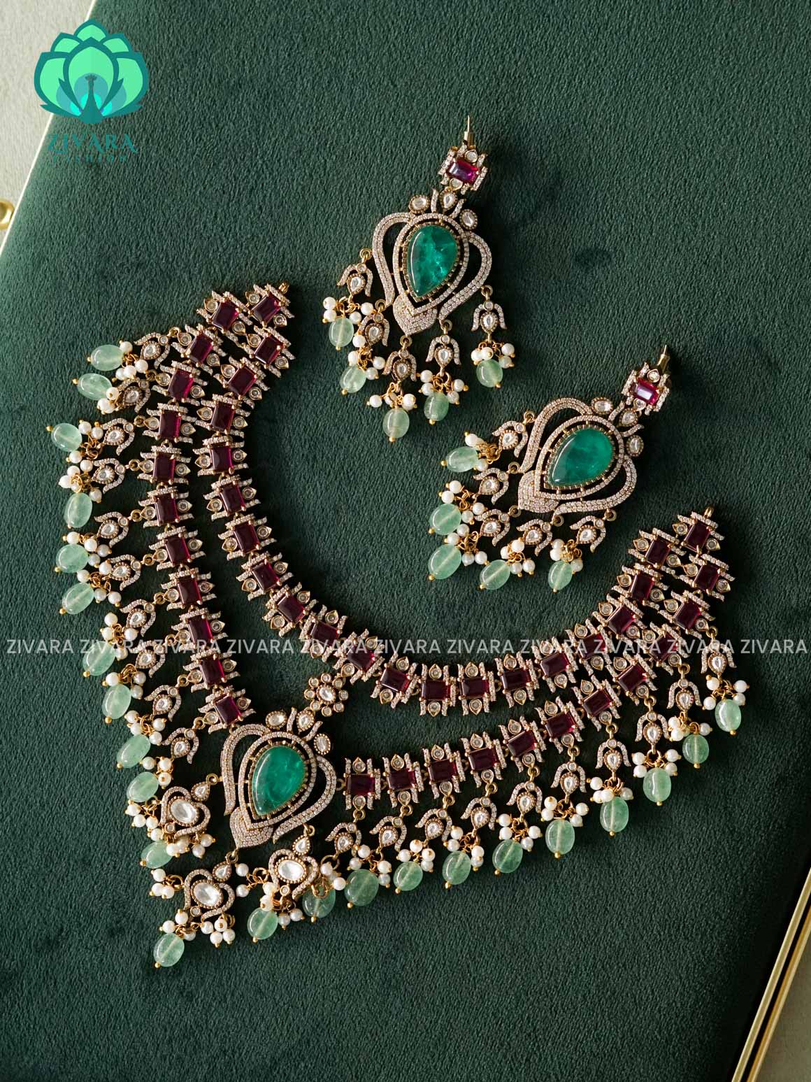 AKSHAYAM - GREEN BEADS HEAVY REAL KEMP  BRIDAL TWO LAYER-Traditional south indian premium neckwear with earrings- Zivara Fashion- latest jewellery design