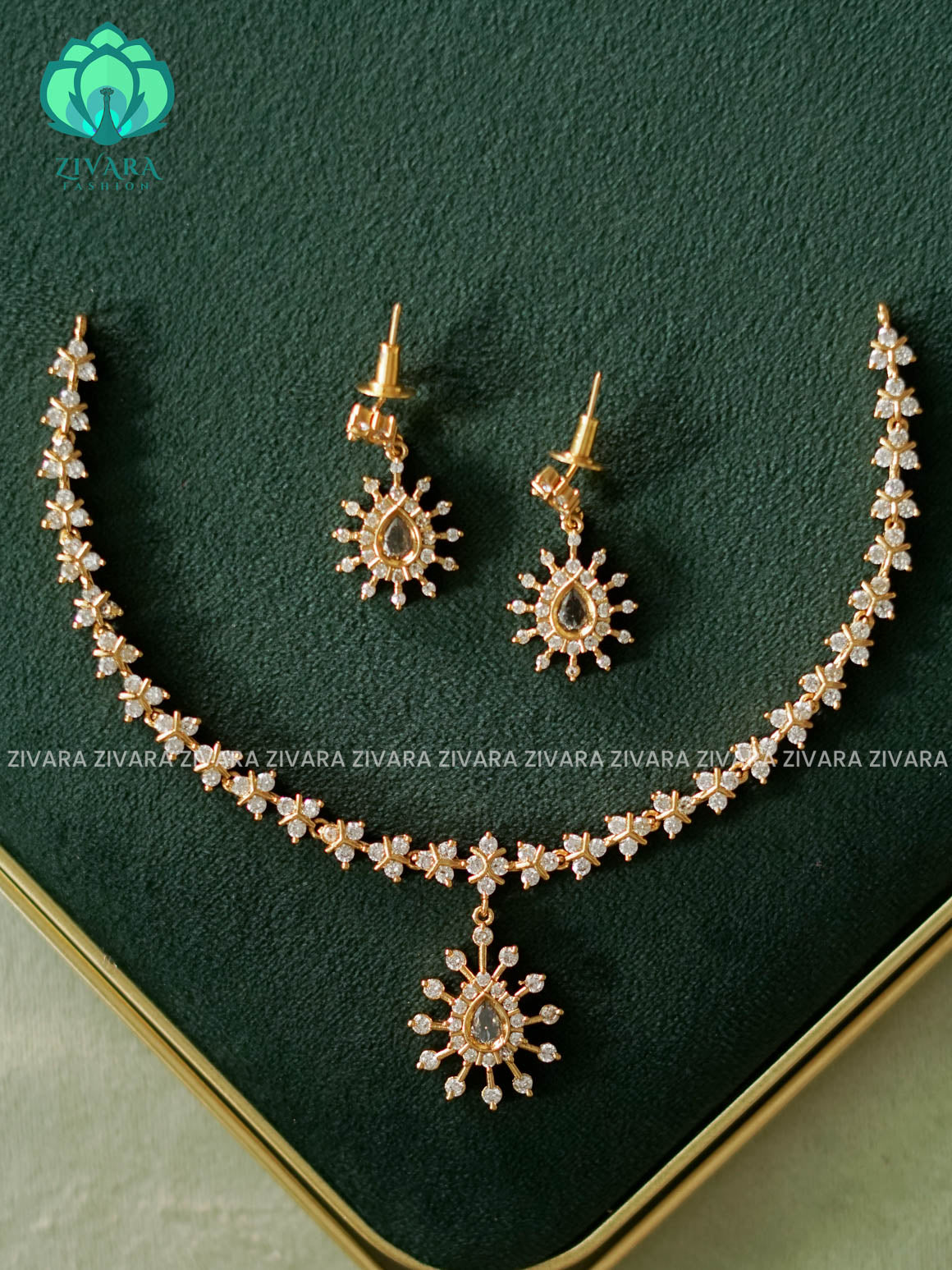 Kanya - WHITE STONE DIAMOND REPLICA HASLI -  stylish and minimal elegant neckwear with earrings- Zivara Fashion