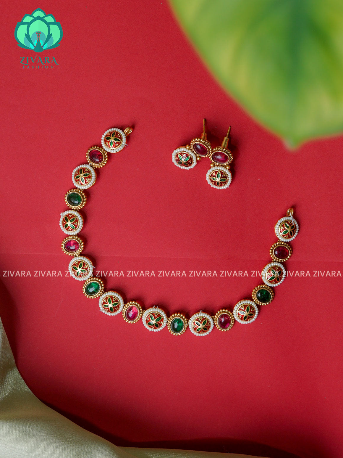 RED AND GREEN  - Enamel flower  -Traditional south indian NORMAL MATTE neckwear with earrings- Zivara Fashion- latest jewellery design