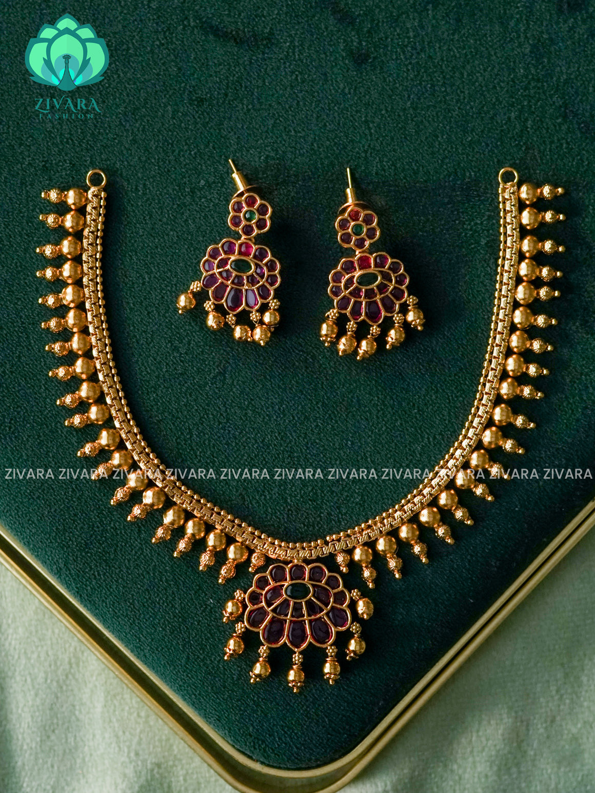Real kemp attigai - Traditional PREMIUM neckwear with earrings- Zivara Fashion