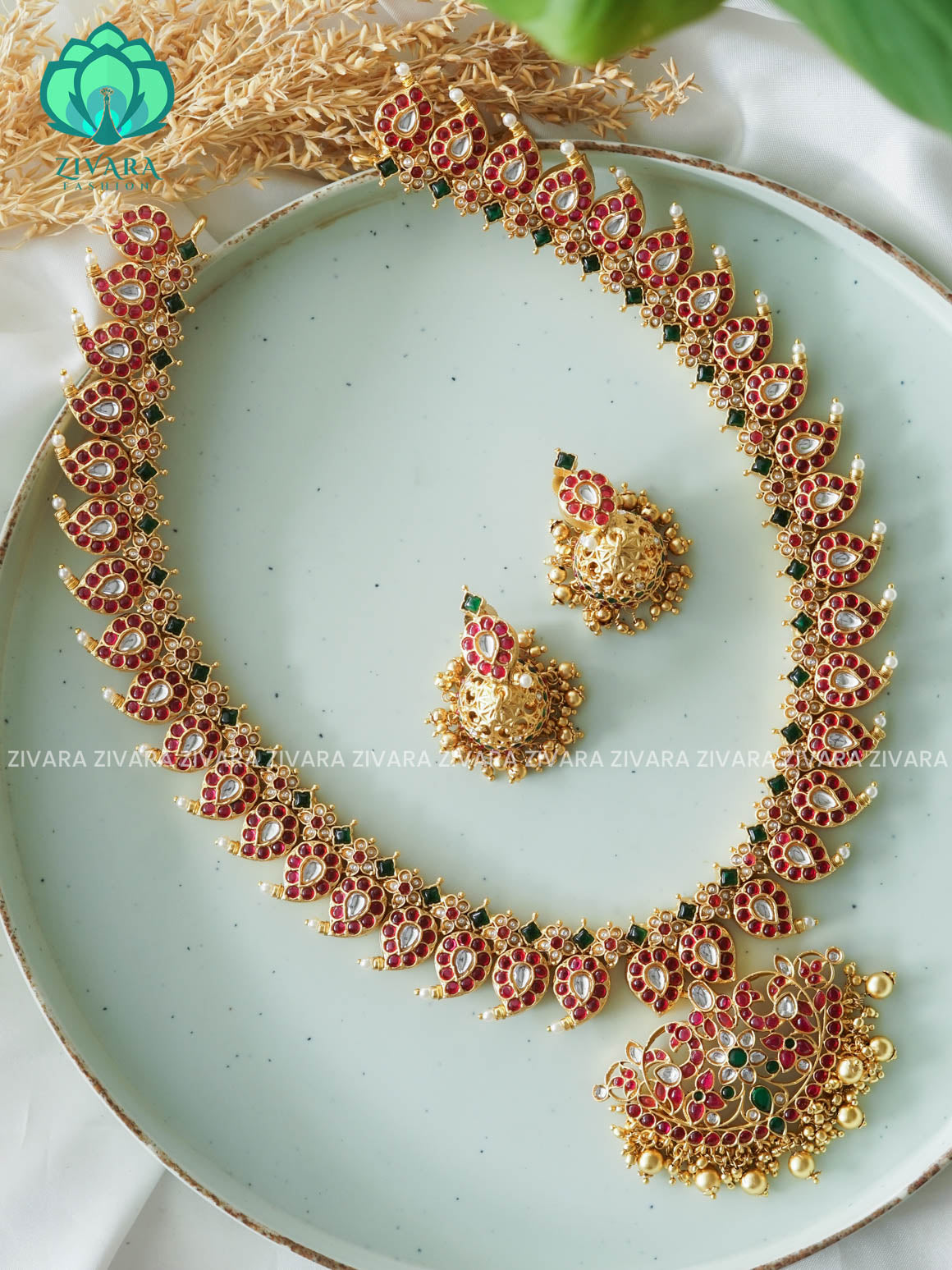 RUBY GREEN STONE MANGO - Traditional PREMIUM MATTE polish MIDCHEST haaram/neckwear with earrings- Zivara Fashion