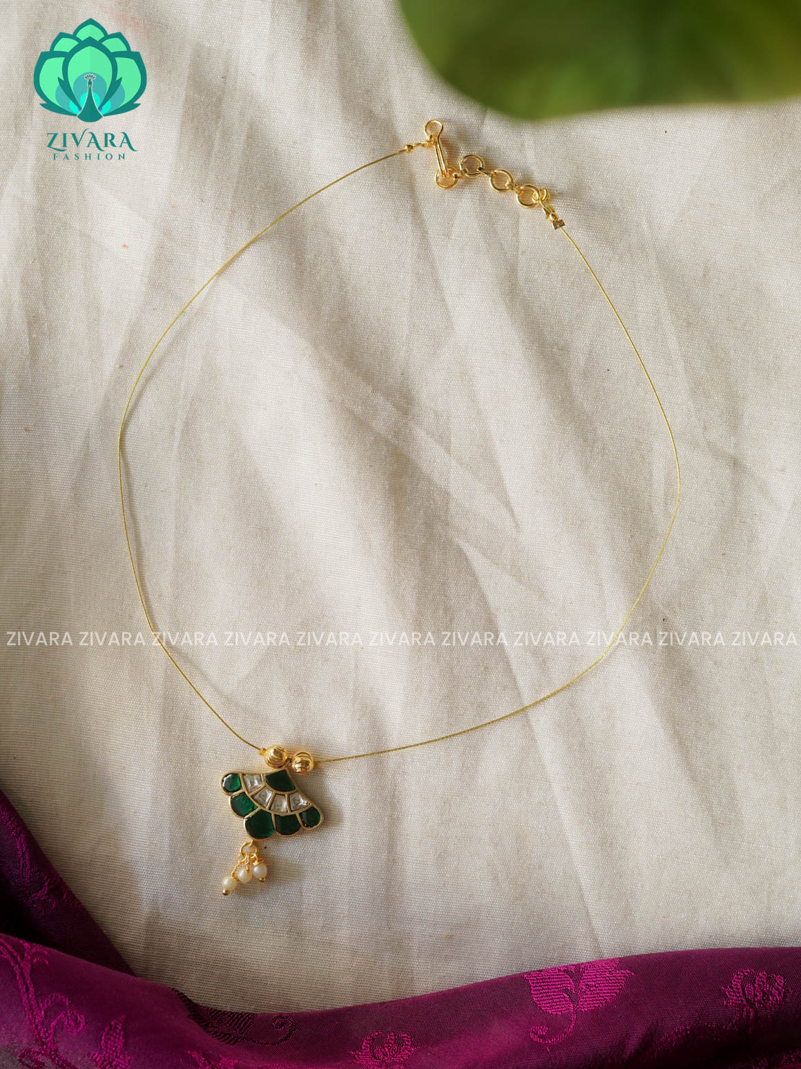 GREEN- FAN JADAU TAMARA INVISIBLE MINIMAL ELEGANT HANDMADE NECKLACE WITH BRILLIANT FINISH MOTIFS- ZIVARA FASHION