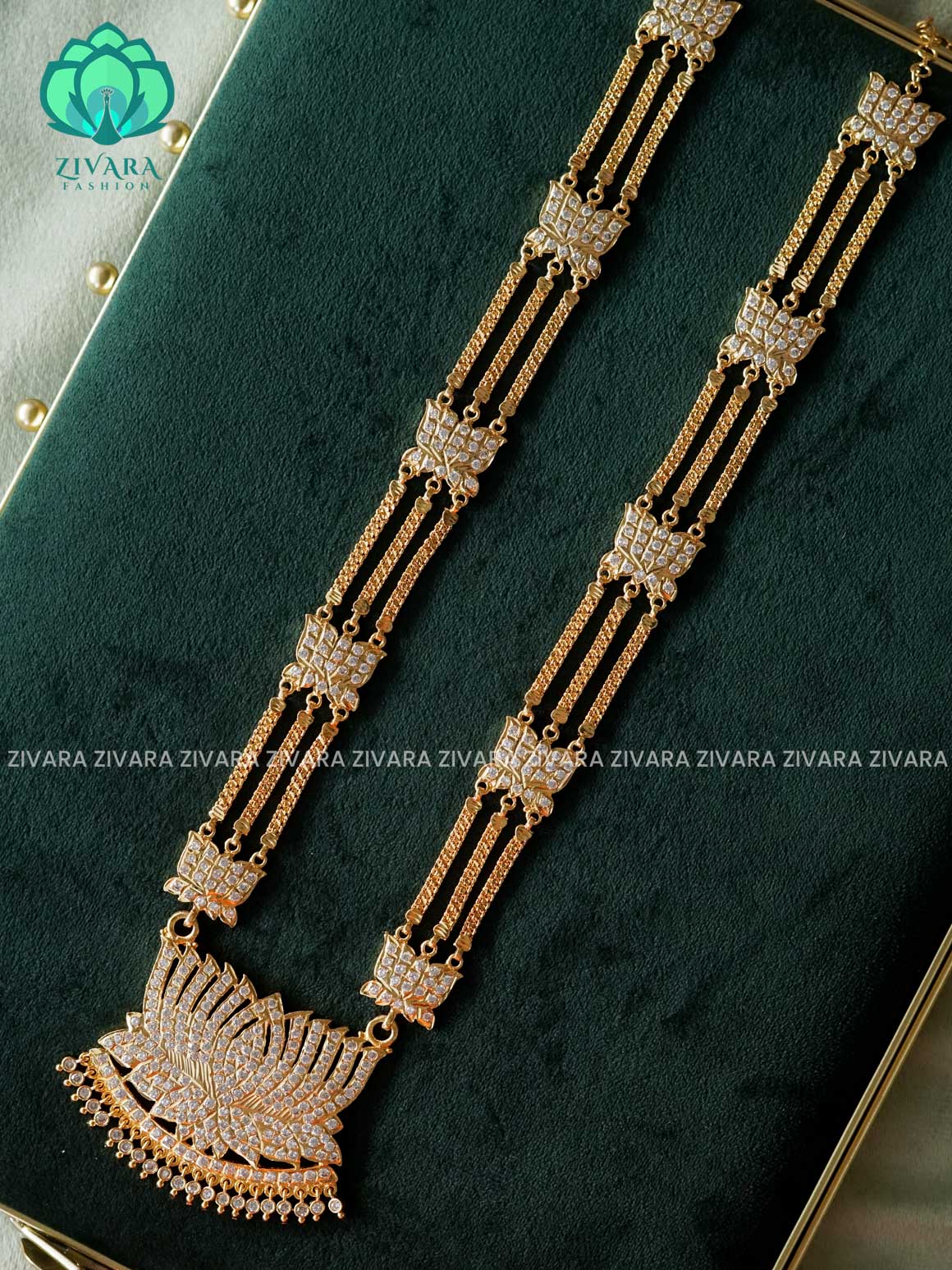 AMBIGAI -  WHITE STONE LOTUS  MICROGOLD POLISH LONG HAARAM  with premium gold polish -Traditional south indian premium neckwear without earrings- Zivara Fashion- latest jewellery design