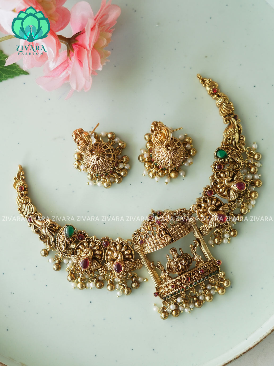 TEMPLE HEAVY BRIDAL    - Traditional south indian NORMAL MATTE neckwear with earrings- Zivara Fashion- latest jewellery design