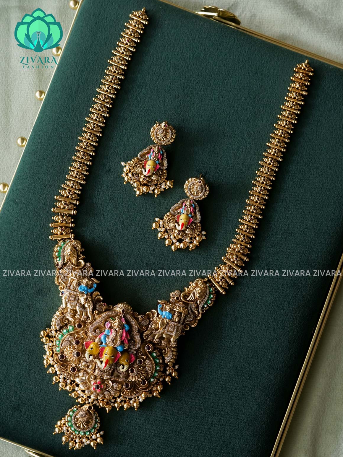 MADHURYA -  GRAND BRIDAL LITTLE KRISHNA VINTAGE FINISH handpainted - Traditional south indian premium neckwear with earrings- Zivara Fashion