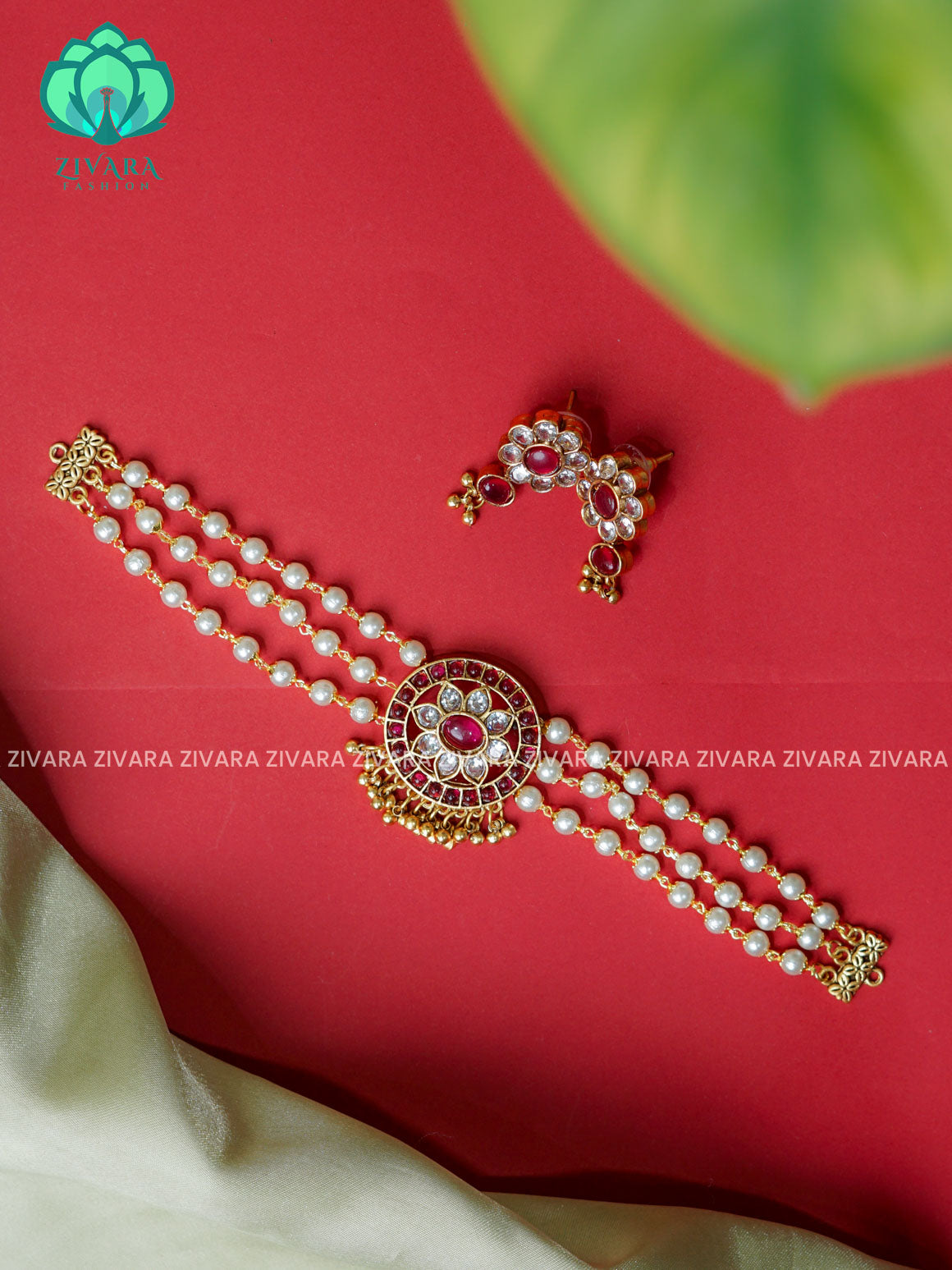 RUBY-PEARL ROUND PENDANT  -TRADITIONAL NORMAL MATTE CHOKER COLLECTION WITH EARRINGS- LATEST JEWELLERY COLLECTION