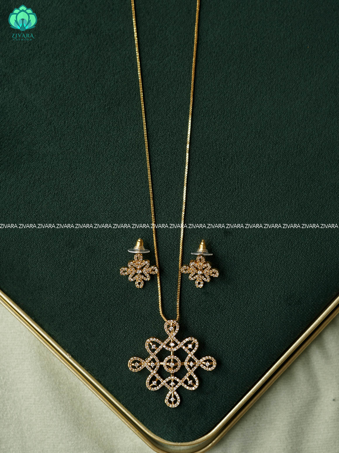 KOLAM PENDANT ( CHAIN COMPLIMENTARY) WITH EARRINGS -Trending office wear jewellery-Zivara fashion