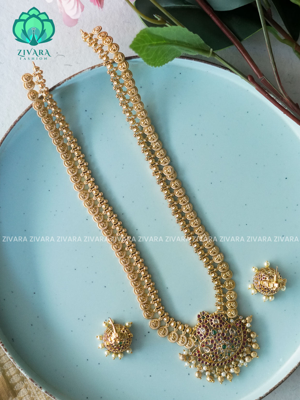 LONG CHAIN coin - Traditional PREMIUM MATTE polish MIDCHEST haaram/neckwear with earrings- Zivara Fashion