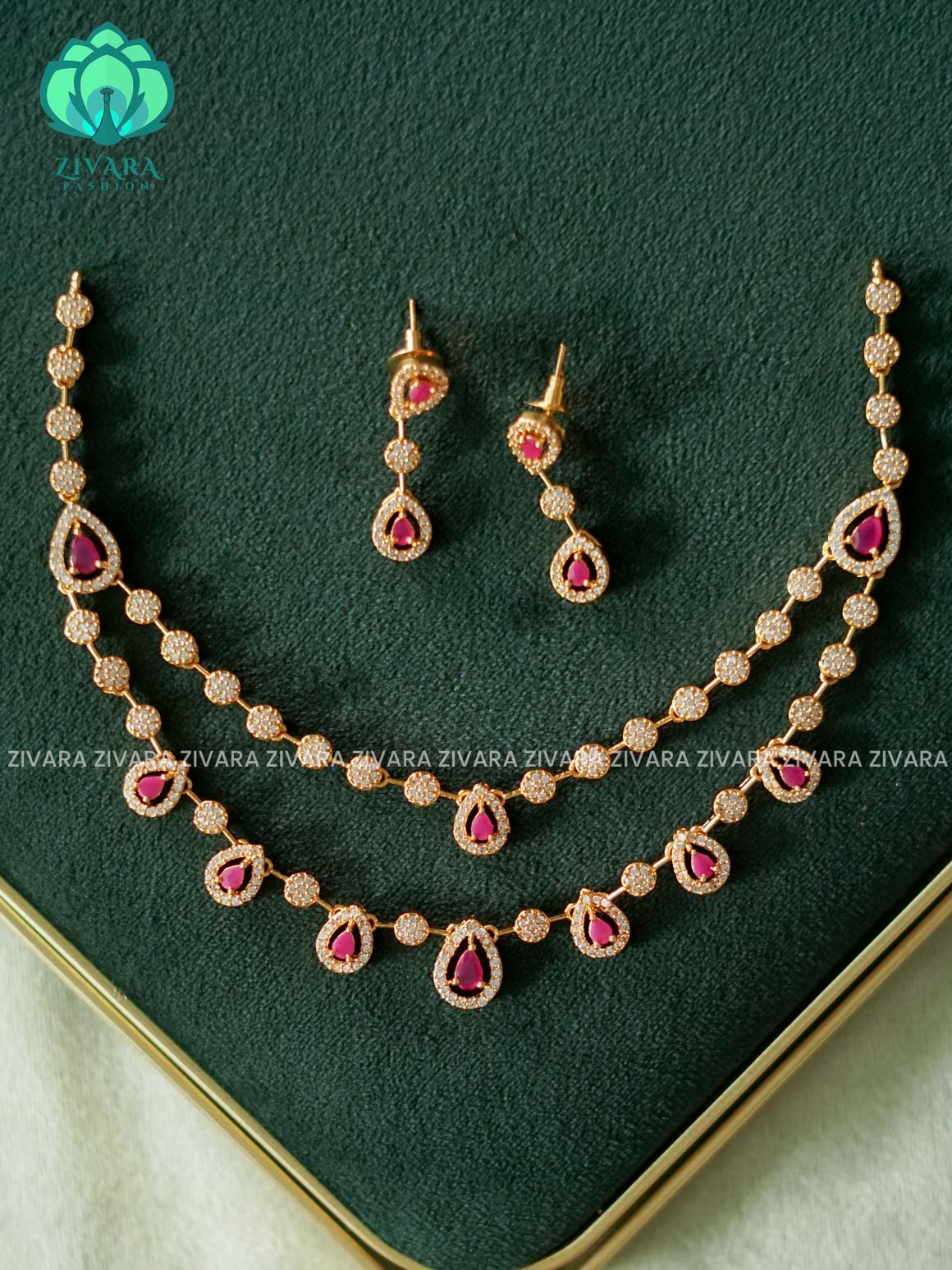 RUBY TEAR STONE STEP - stylish and minimal elegant neckwear with earrings- Zivara Fashion