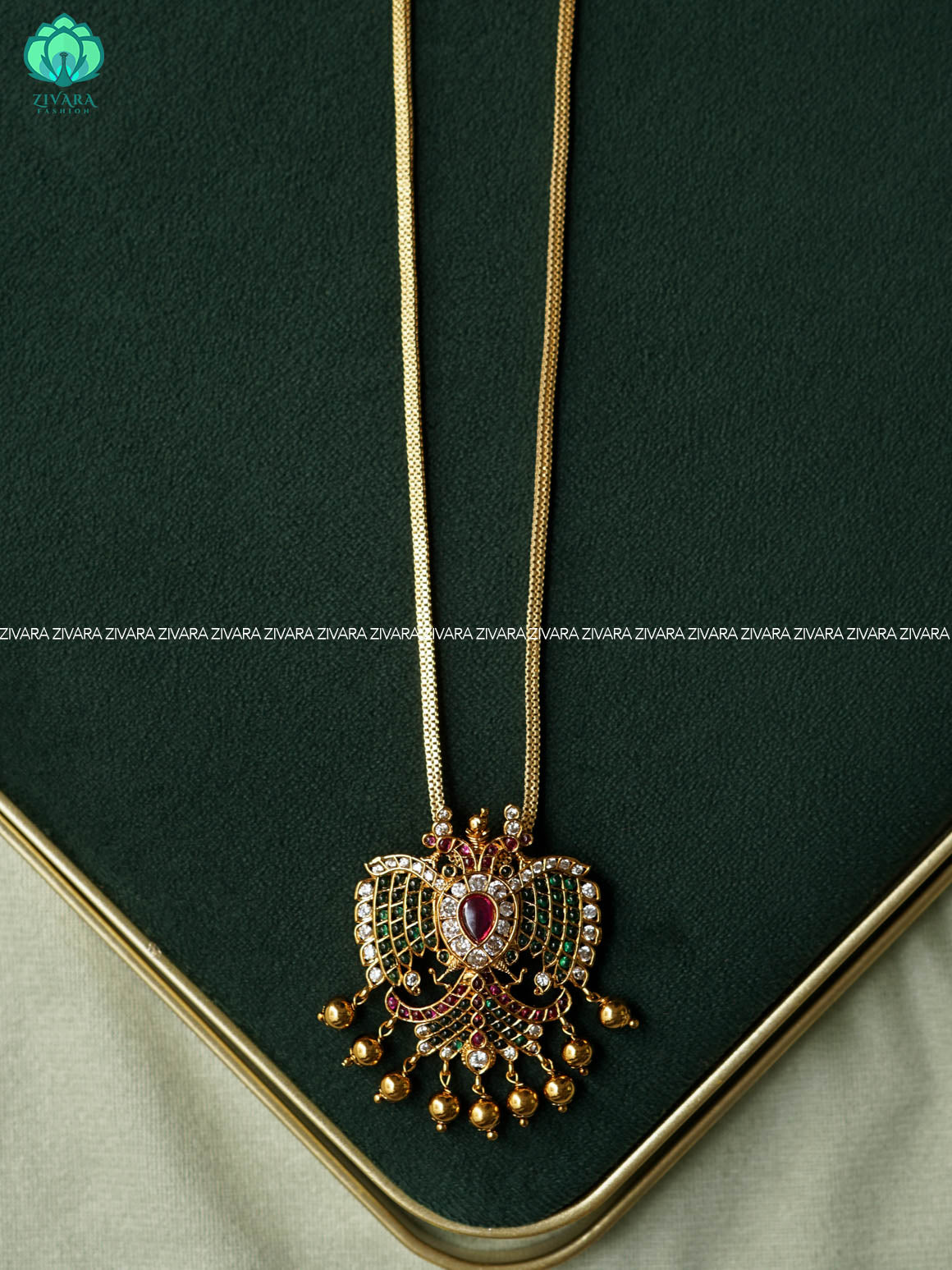 RUBY GREEN - GENDABERUNDA PENDANT WITH CHAIN - Traditional PREMIUM MATTE polish MIDCHEST neckwear - Zivara Fashion