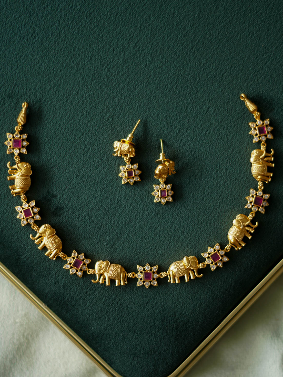 ELEPHANT RUBY STONE FLOWER  - Traditional south indian NORMAL MATTE neckwear with earrings - Zivara Fashion